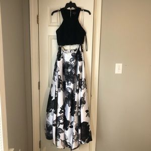 Two Piece Black and White Floral Prom Dress
